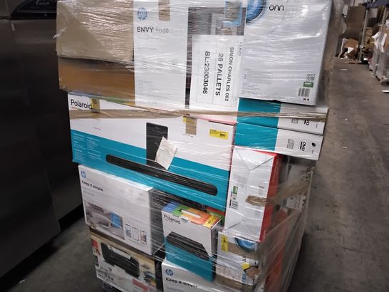 PALLET OF ASSORTED SMALL ELECTRICAL ITEMS INCLUDING,EPSON, HP, HOME PRINTERS, ONN CD MICRO SYSTEMS, CD BOOMBOXES, AERIALS, HEADPHONES, DVD PLAYERS 