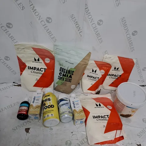 TOTE OF ASSORTED FOOD AND DRINK TOO INCLUDE CREATINE , PROTEIN DRINKS , FLAVOUR DROPS , ETC 