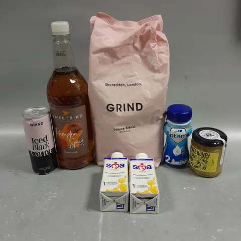 APPROXIMATELY 15 ASSORTED FOOD & DRINK PRODUCTS TO INCLUDE GRIND COFFEE, SMA PRO MILK, BLACK BEE HONEY ETC 