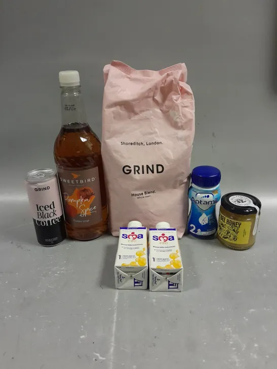 APPROXIMATELY 15 ASSORTED FOOD & DRINK PRODUCTS TO INCLUDE GRIND COFFEE, SMA PRO MILK, BLACK BEE HONEY ETC 