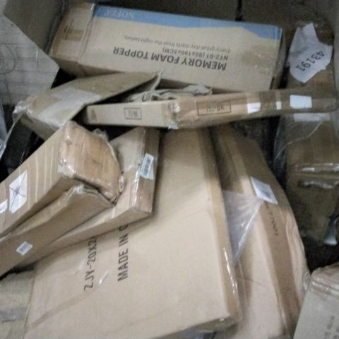 PALLET OF ASSORTED ITEMS INCLUDING MEMORY FOAM TOPPER, VACUUM STAND DOCKING STATION, PERLECARE HOME EXERCISE BENCH, BOXED DUVET