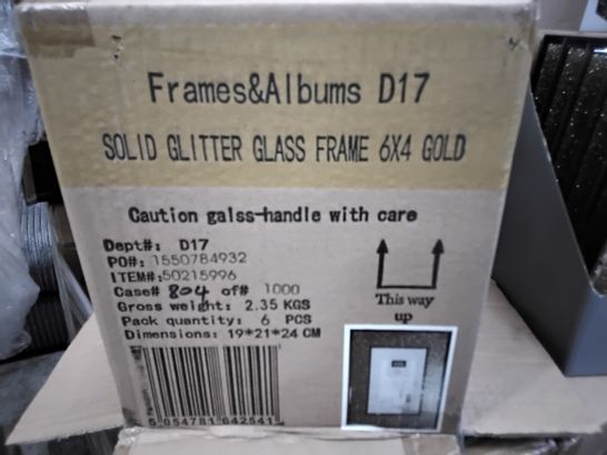 PALLET OF APPROXIMATELY 90 CASES EACH CONTAINING 6 SOLID GLITTER GLASS FRAMES 6 × 4 GOLD & 5 CASES EACH CONTAINING 8 LED PROJECTION LIGHTS + LOOSE STOCK