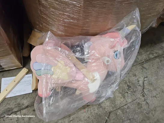 PALLET OF ASSORTED ITEMS TO INCLUDE, IOCHOW SHREDDER, BABY DOLL, PLUSH UNICORN ROCKING HORSE, OIL FILLED RADIATOR, ELECTRIC SPACE HEATER, PLAY TENT.