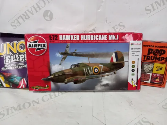 BOX OF APPROXIMATELY 15 ASSORTED TOYS AND GAMES TO INCLUDE HORROR SOUNDTRACK POP TRUMPS, AIRFIX 1:72 SCALE HAWKER HURRICANE MK.I MODEL, UNO FLIP GAME, ETC