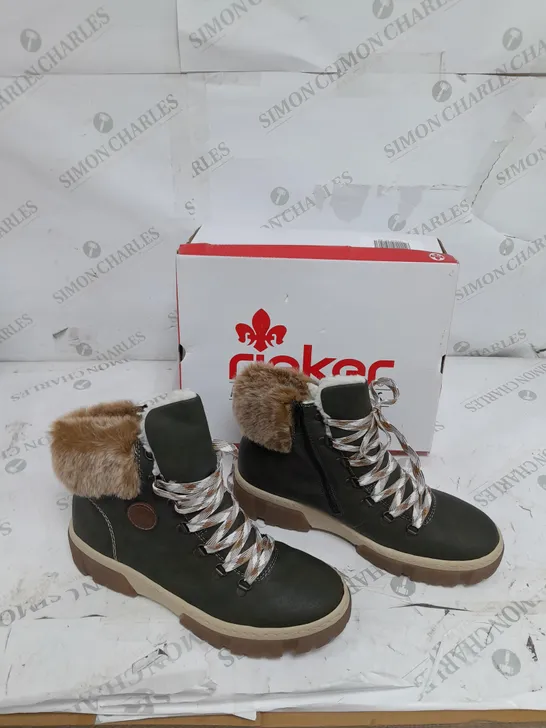 BOXED RIEKER LACE UP CHUNKY BOOTS OLIVE SIZE 8