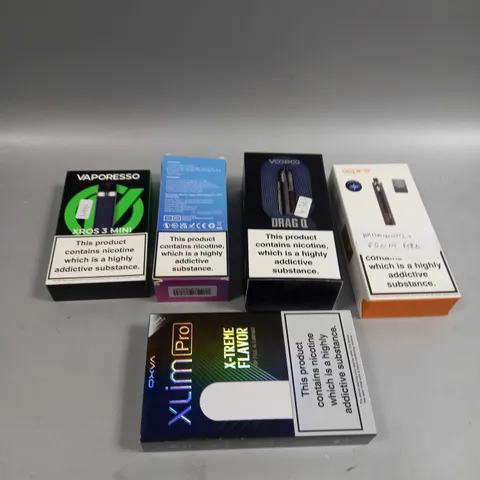 BOX OF APPROXIMATELY 10 ASSORTED E-CIGARATTES TO INCLUDE VAPORESSO, VOOPOO, ASPIRE ETC
