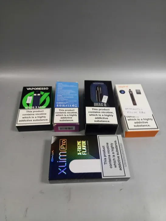BOX OF APPROXIMATELY 10 ASSORTED E-CIGARATTES TO INCLUDE VAPORESSO, VOOPOO, ASPIRE ETC