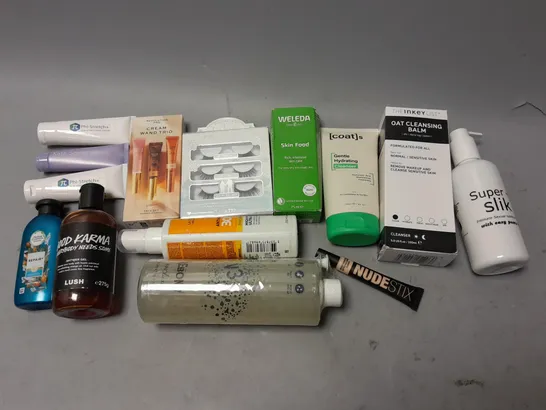 BOX OF APPROXIMATELY 15 COSMETIC ITEMS TO INCLUDE WELEDA SKIN FOOD, OAT CLEANSING BALM, AND SUPER SILK LUBRICANT ETC. 