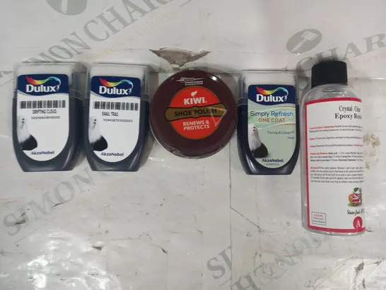 LOT OF APPROXIMATELY 15 ASSORTED HOUSEHOLD ITEMS TO INCLUDE CRYSTAL CLEAR EPOXY RESIN, DULUX SIMPLY REFRESH ONE COAT, ETC