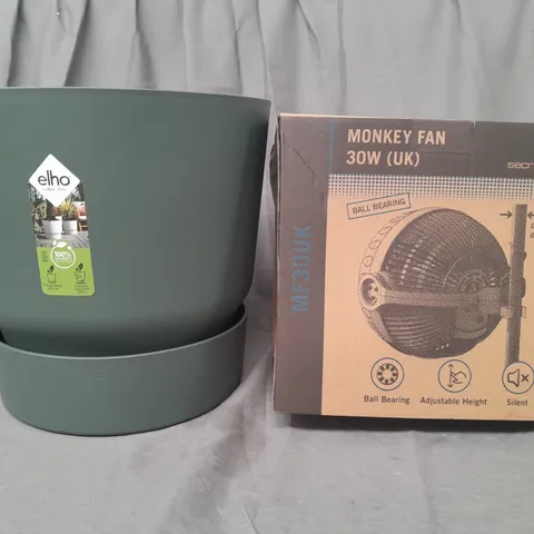 BOX OF 4 ASSORTED HOUSEHOLD ITEMS TO INCLUDE ELHO PLANTER, 30W MONKEY FAN, PET BED, ETC