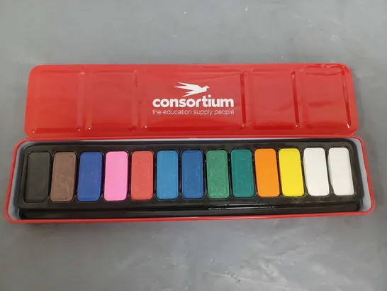 BOXED LOT OF APPROXIMATELY 20 CONSORTIUM WATER COLOUR PAINTS 