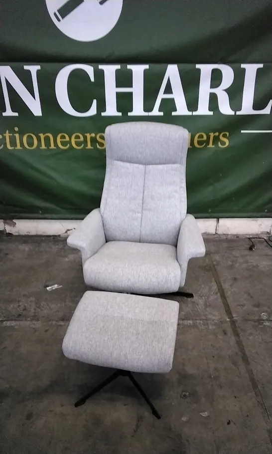 QUALITY BRITISH DESIGNED & MANUFACTURED G PLAN LUKAS MANUAL RECLINER SWIVEL CHAIR AND FOOTSTOOL CAMBRIDGE GREY FABRIC