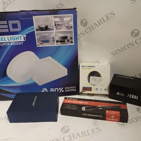 BOX OF APPROXIMATELY 10 ASSORTED ITEMS TO INCLUDE WIFI CAMERA, LED MAGNETIC FLASH, LED PANEL ETC