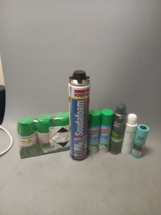 APPROXIMATELY 12 ASSORTED AEROSOLS TO INCLUDE DOVE EXTRA FRESH, ODOR EATER, AND SOUDAFOAM LOW EXPANSION GUN ETC. 