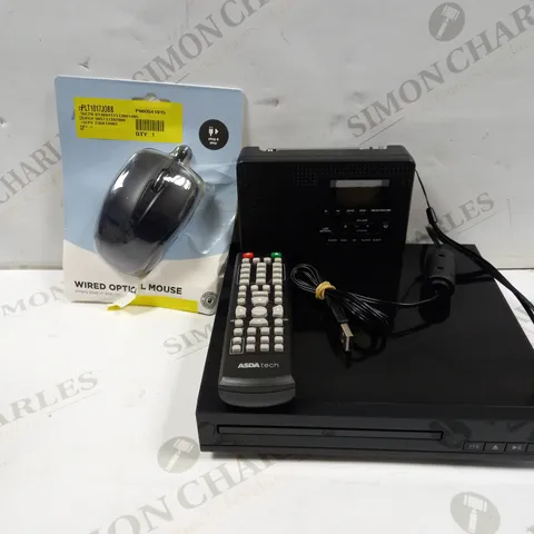 LOT OF APPROXIMATELY 10 ASSORTED ELECTRICALS INCLUDE WIRED OPTICAL MOUSE, POCKET RADIO, HDMI DVD PLAYER WITH REMOTE, ETC