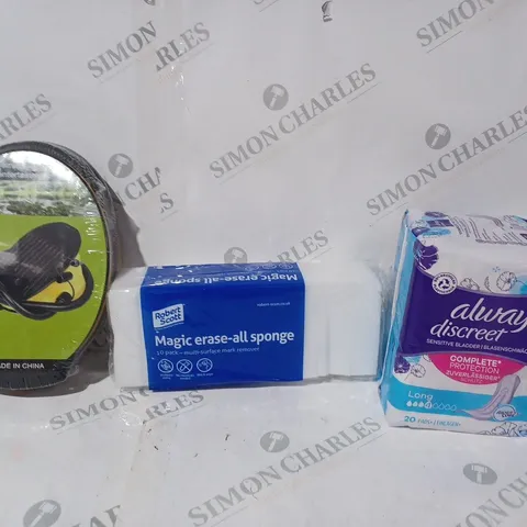 BOX OF APPROXIMATELY 10 ASSORTED HOUSEHOLD ITEMS TO INCLUDE ALWAYS DISCREET PADS, MAGIC ERASE-ALL SPONGE, FOOT-PUMP, ETC