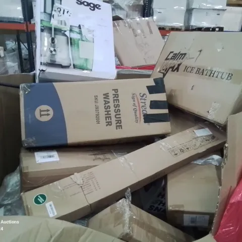 PALLET OF ASSORTED ITEMS TO INCLUDE, SAGE JUICER, PRESSURE WASHER, ICE BATH TUB ETC.