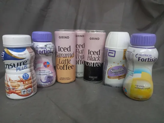 APPROXIMATELY 20 ASSORTED FOOD AND BEVERAGE PRODUCTS TO INCLUDE : GRIND ICED CARAMEL LATTE/FLAT WHITE COFFEE AND BLACK COFFEE, NUTRICIA SUPPLEMENT DRINK.