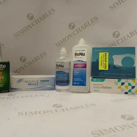 BOX OF APPROX 12 ASSORTED EYE CARE & HEALTH CARE ITEMS TO INCLUDE - RENU MPS SENSITIVE EYES - EVO PHAKIC INTRAOCULAR LENS - 1 DAY ACUVUE MOIST 30 LENSES ECT