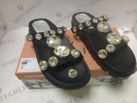 BOXED OZWELL BLACK SATIN CLEAR STONE SLIP SANDLES - SIZE 38