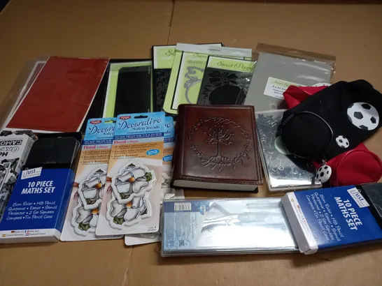 LOT OF ASSORTED STATIONARY ITEMS TO INCLUDE MATH SETS, CRAFT STENCILS AND NOTEBOOK