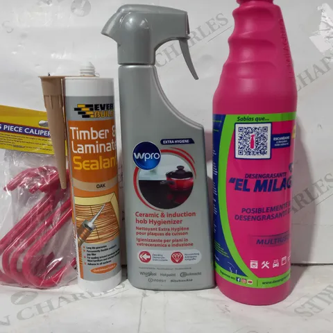 LOT OF APPROXIMATELY 10 ASSORTED HOUSEHOLD ITEMS TO INCLUDE CERAMIC & INDUCTION HOB HYGIENIZER, TIMBER & LAMINATE SEALANT, 6 PIECE CALIPER S-HOOKS, ETC