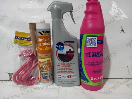 LOT OF APPROXIMATELY 10 ASSORTED HOUSEHOLD ITEMS TO INCLUDE CERAMIC & INDUCTION HOB HYGIENIZER, TIMBER & LAMINATE SEALANT, 6 PIECE CALIPER S-HOOKS, ETC