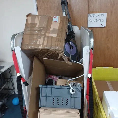 CAGE OF ASSORTED ITEMS TO INCLUDE EXERCISE BIKE(PARTS MISSING), SHOES AND DECORATIVE ORNEMENTS - COLLECTION ONLY 