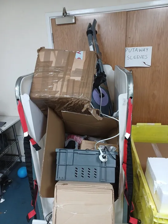 CAGE OF ASSORTED ITEMS TO INCLUDE EXERCISE BIKE(PARTS MISSING), SHOES AND DECORATIVE ORNEMENTS - COLLECTION ONLY 