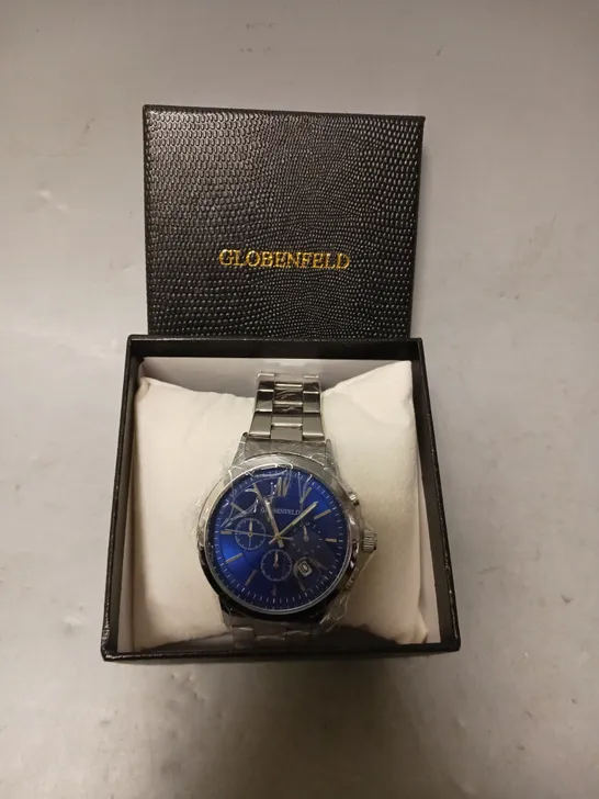 GLOBENFELD MARKSMAN SILVER BLUE DIAL STAINLESS STEEL CASE WATCH 