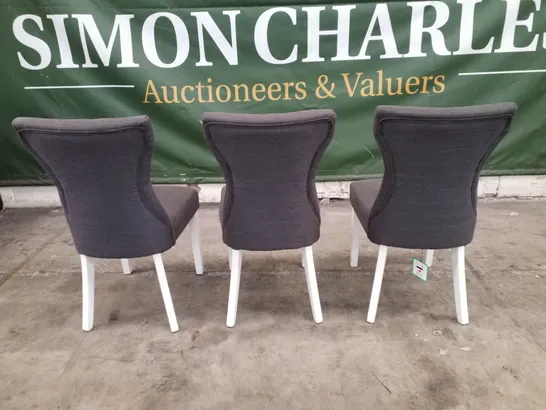 SET OF 3 BEWLEY SLATE FABRIC BUTTON BACK DINING CHAIRS (WHITE LEGS)