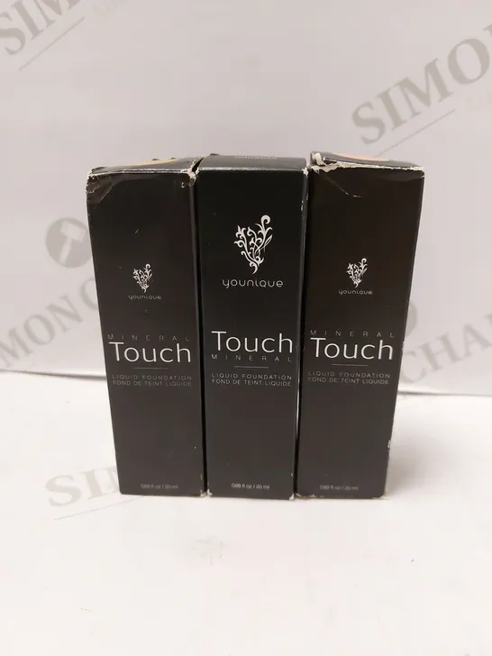 LOT OF 3 X 20ML ASSORTED YOUNIQUE TOUCH MINERAL LIQUID FOUNDATIONS TO INCLUDE 2 X ORGANZA & 1 X TAFFETA 