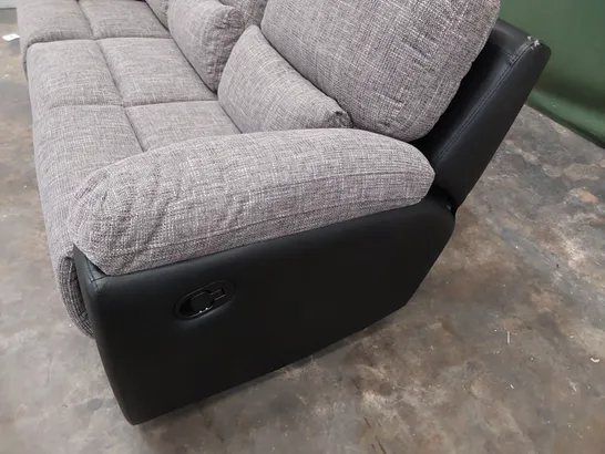 DESIGNER MANUAL RECLINING THREE SEATER SOFA BLACK FAUX LEATHER & GREY FABRIC 