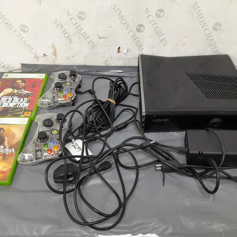 UNBOXED XBOX 360 CONSOLE WITH TWO WIRED CONTROLLERS, HDMI CABLE, POWER CABLE, AND TWO GAMES 