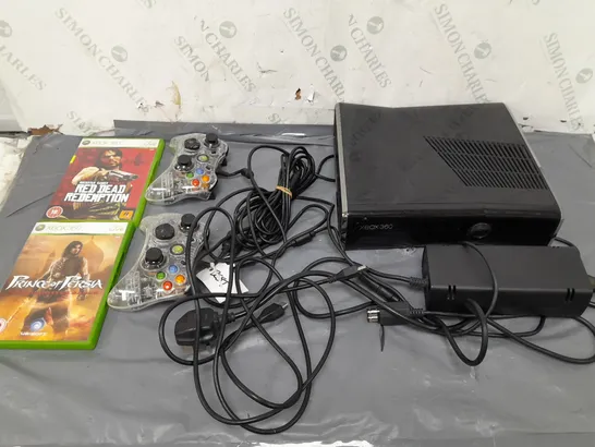 UNBOXED XBOX 360 CONSOLE WITH TWO WIRED CONTROLLERS, HDMI CABLE, POWER CABLE, AND TWO GAMES 