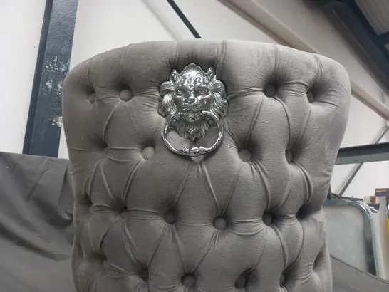 DESIGNER QUILTED FABRIC CHAIR IN GREY W. LION KNOCKER DETAIL - COLLECTION ONLY