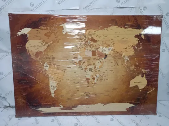 BOXED LANAKK WORLD MAP SPANISH GRAPHIC ART PRINT ON CANVAS IN BROWN 70 X 100CM