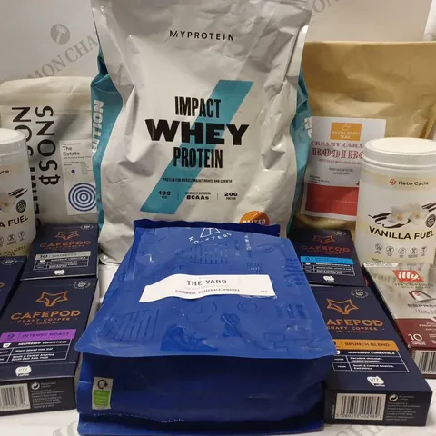 LOT OF APPROX 10 ASSORTED ITEMS TO INCLUDE MYPROTEIN IMPACT WHEY PROTEIN SALTED CARAMEL, CAFEPOD DECAF ESPRESSO, KETO CYCLE VANILLA FUEL, ETC