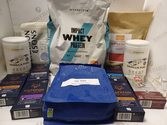 LOT OF APPROX 10 ASSORTED ITEMS TO INCLUDE MYPROTEIN IMPACT WHEY PROTEIN SALTED CARAMEL, CAFEPOD DECAF ESPRESSO, KETO CYCLE VANILLA FUEL, ETC