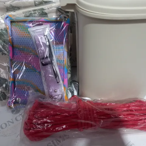 LOT OF ASSORTED ITEMS TO INCLUDE - TABLET CASE - RED ROPE - SMALL BIN- PILLOW CASES 