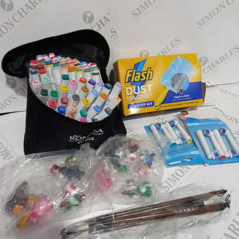 BOX OF APPROXIMATELY 15 ASSORTED ITEMS TO INCLUDE MARKER SET, MARIO TOYS, TOOTHBRUSH TOPS ETC