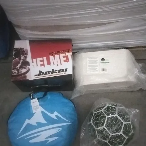 PALLET OF ASSORTED ITEMS INCLUDING, MOTORCYCLE HELMET, KEJECTOR POPUP YENT, M DESIGN PLANTER AND GARDEN ORNAMENT