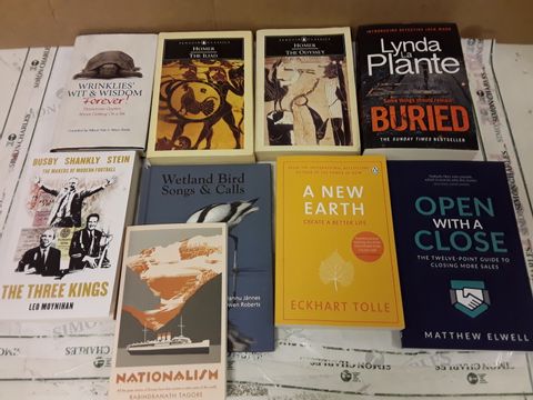 LARGE QUANTITY OF ASSORTED ADULT BOOKS TO INCLUDE THUG KITCHEN COOKBOOK, HISTORY OF TOLLS ROYCE AND HOMER THE ODYSSEY