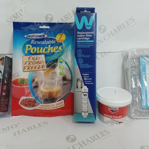 BOX OF APPROXIMATELY 10 ASSORTED ITEMS TO INCLUDE - WATER FILTER - WOOD FILLER - RESEALABLE POUCHES ETC