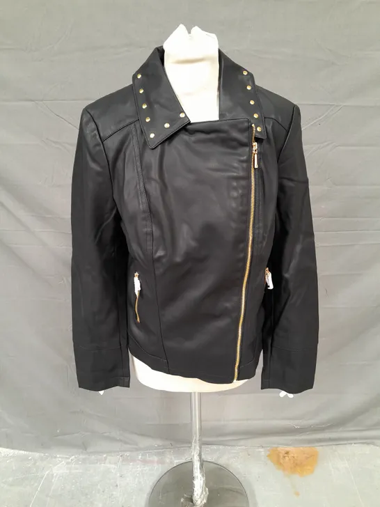 JULIEN MACDONALD STUD PLEATHER JACKET IN BLACK SIZE 14