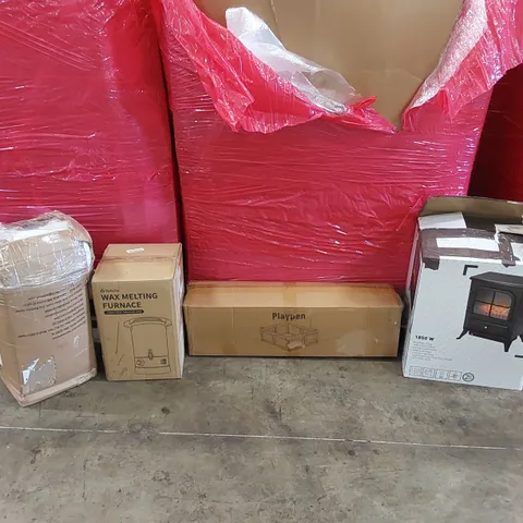 PALLET OF ASSORTED ITEMS INCLUDING: 1850W ELECTRIC STOVE, BEDDING, WAX MELTING FURNACE, PLAYPEN ECT