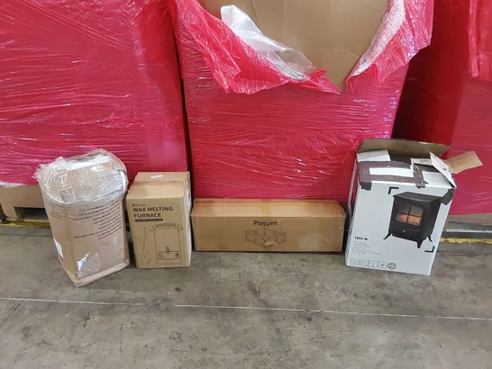 PALLET OF ASSORTED ITEMS INCLUDING: 1850W ELECTRIC STOVE, BEDDING, WAX MELTING FURNACE, PLAYPEN ECT