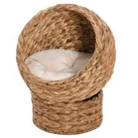 BOXED PAWHUT WICKER CAT BED, RAISED RATTAN CAT BASKET WITH CYLINDRICAL BASE, SOFT WASHABLE CUSHION, 42 X 33 X 52CM - BROWN