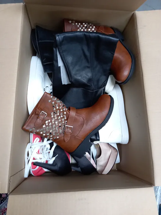 BOX OF APPROX 10 PAIRS OF ASSORTED WOMENS SHOES IN VARIOUS COLOURS, STYLES AND SIZES