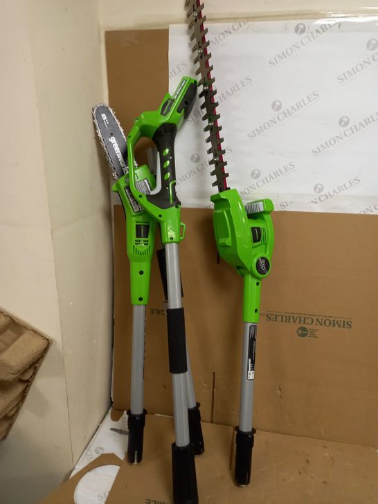 GREENWORKS TOOLS BATTERY-POWERED 2-IN-1 POLE MOUNTED PRUNER AND HEDGE TRIMMER